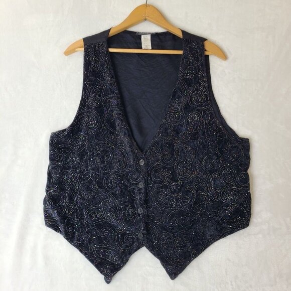 Vintage Saddle River Sportswear Vest Size L Sparkle Studded Bead Velvet Paisley - Picture 2 of 10